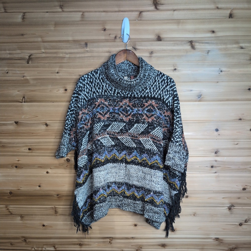 Pilcro and the Letterpress Fringe Poncho Sweater XS/S Southwestern Mock Neck